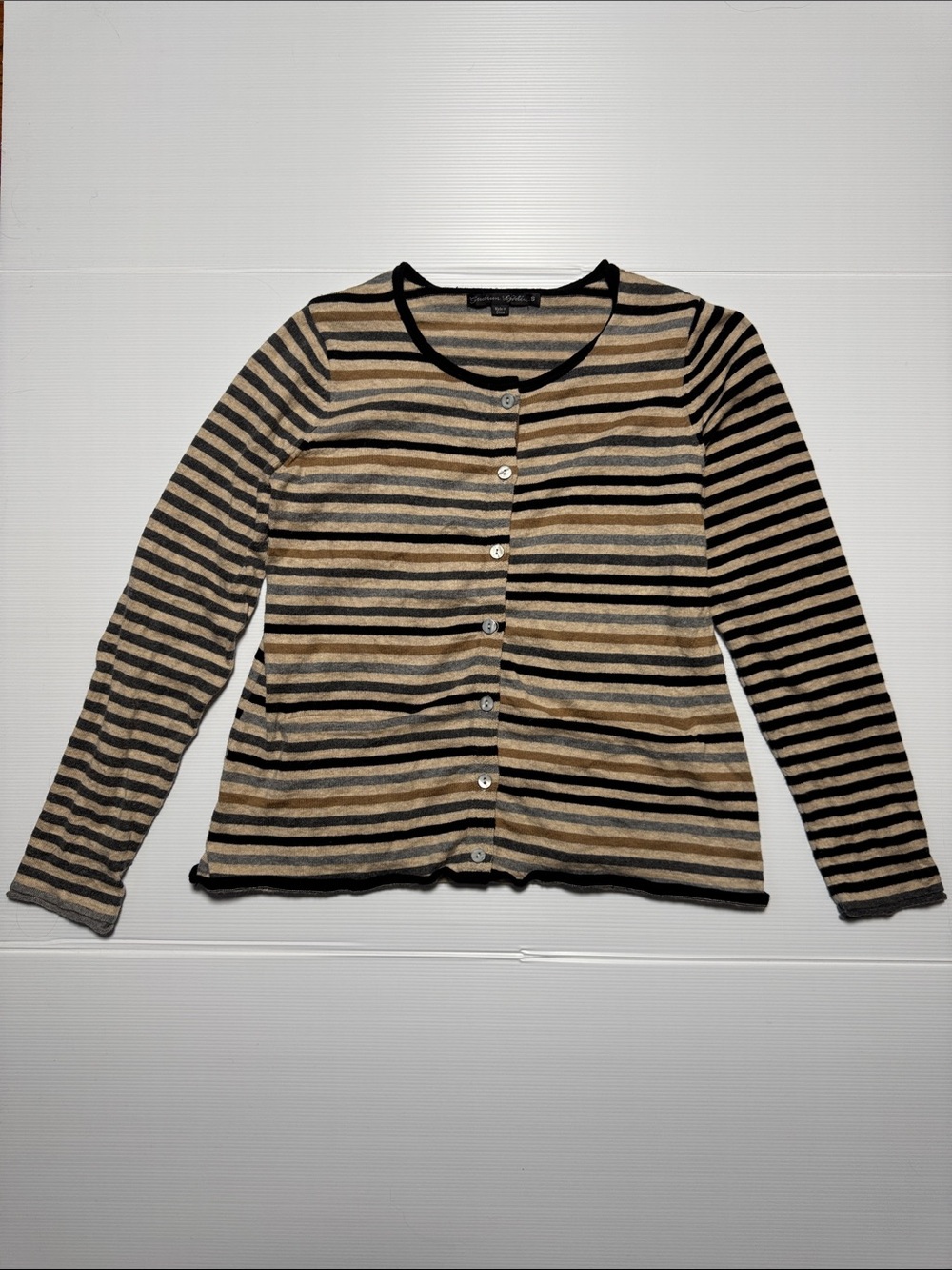 GUDRUN SJÖDÉN Horizontal Striped Black Tan Button-Front Cardigan Sweater S